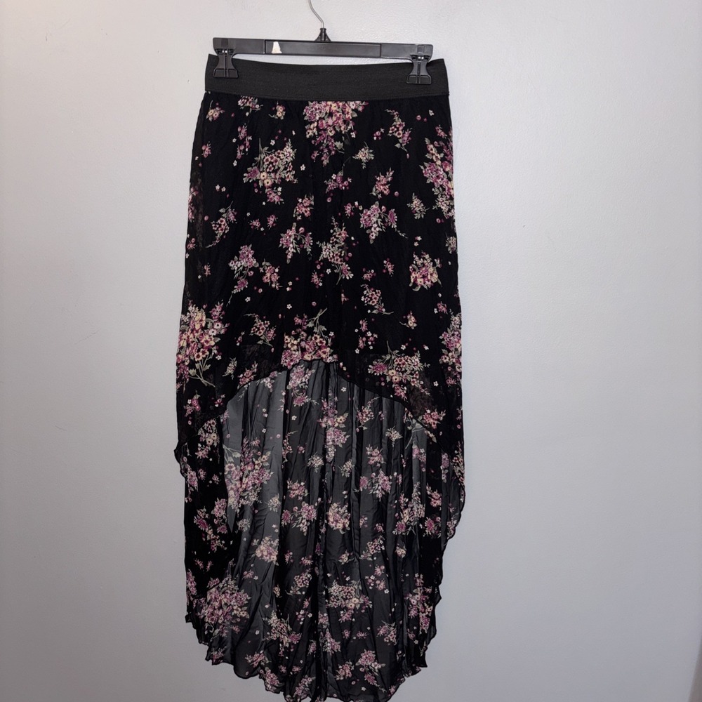 Vintage 90's Black Pink Floral Skirt High Low Boho Whimsigoth Fairycore Size S